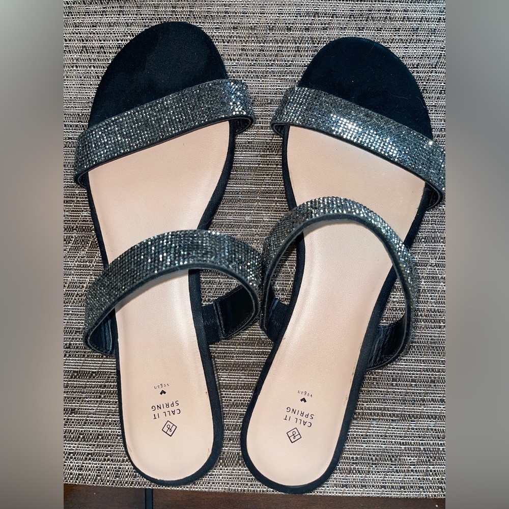 NEW Black Rhinestone Flat Sandals. Women’s size 11.